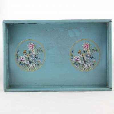Tray - Pale Blue with Phoenix and Flowers  | Wooden Hand Painted Trays in Bright Colors Oriental Chinese Style Living Dining Home Deco Decor Hong Kong