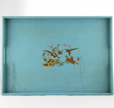 Tray - Pale Blue with Red Bird and Flowers